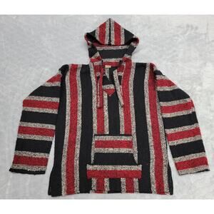 Vintage Style Mexican Baja Hoodie Mens Medium Red Black Striped Jerga Pullover